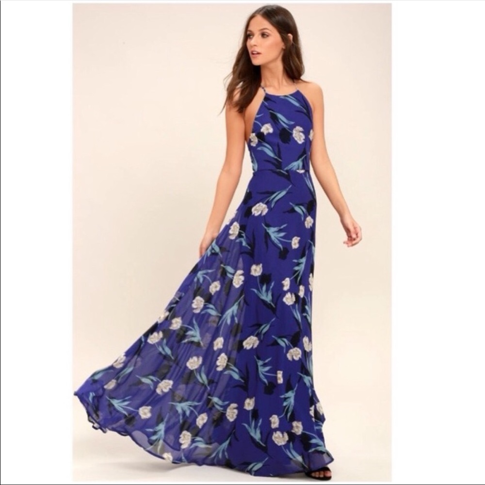 Lulu’s All I Need Blue Floral Lace-Up Maxi Dress Size S Excellent Condition.
